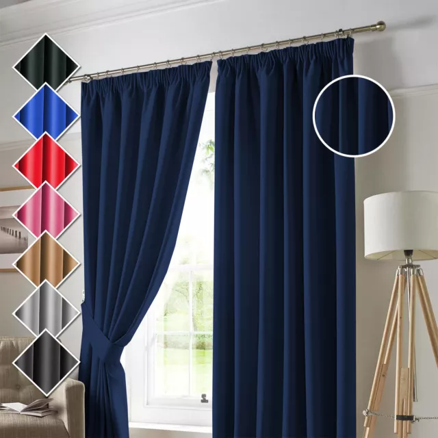 Pencil Pleat Curtains Thermal Blackout Curtain Panel Energy Saving + 2 Tie Backs