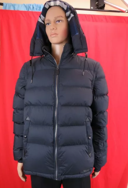 Burberry Basford 2 In 1 Blue Navy Check Detachable Hooded Down Puffer Jacket Xl