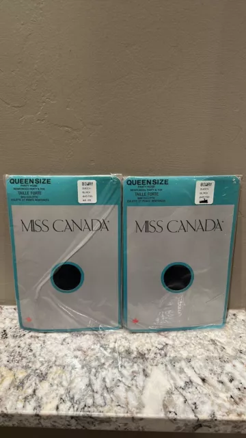 2 Vintage Miss Canada reinforced panty and toe pantyhose black Queen 100% Nylon