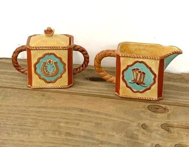 Western Creamer & Sugar Bowl Horse Theme Boots Hat Horseshoe 3D Kitchen Decor