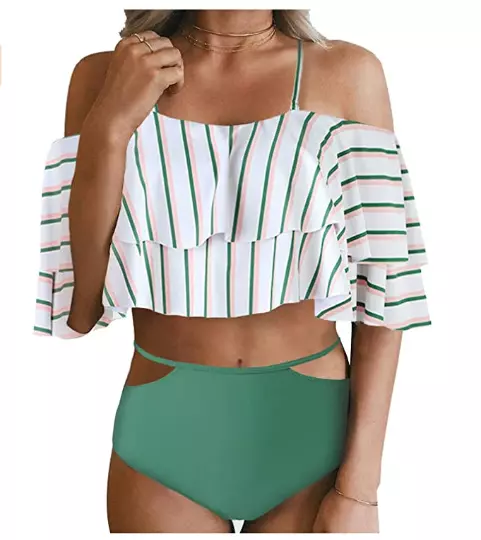 Tempt Me Women Two Piece Swimsuit High Waist Ruffled Bikini Set Green Stripe S