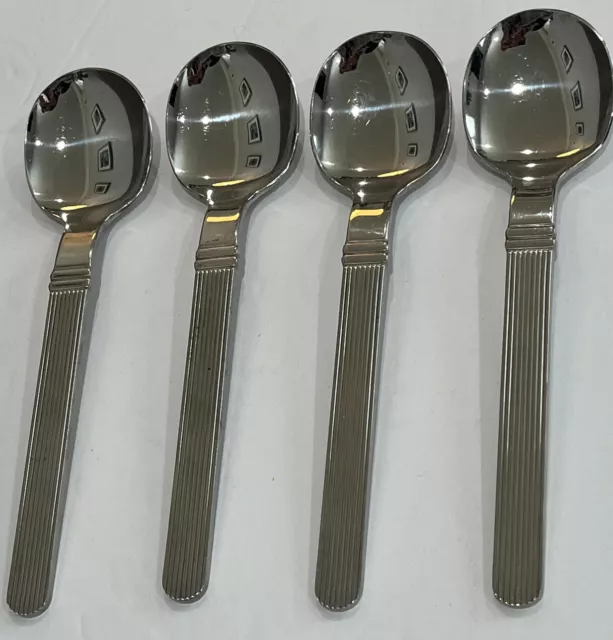 4 Soup Spoons RIGADIN Sasaki Vignelli Designs Glossy Stainless Steel Flatware 7”