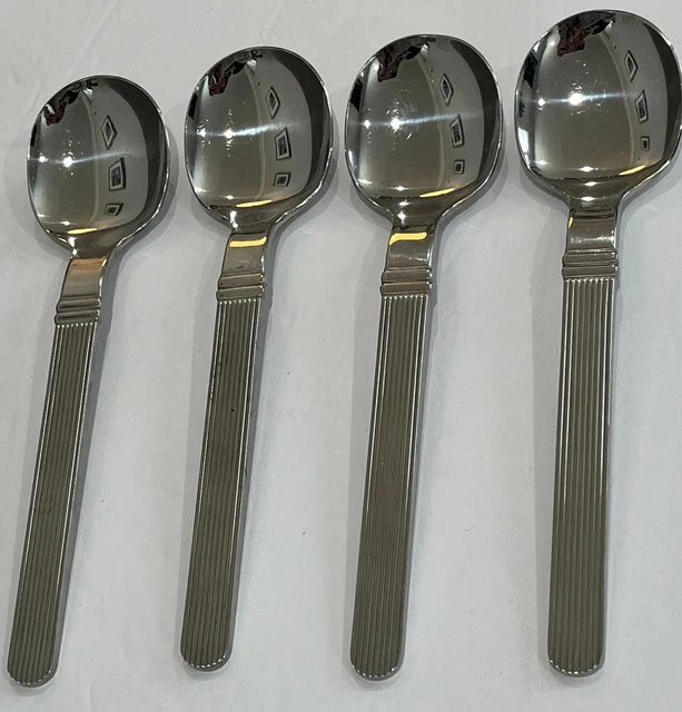 4 Soup Spoons RIGADIN Sasaki Vignelli Designs Glossy Stainless Steel Flatware 7” 4 Soup Spoons RIGADIN Sasaki Vignelli Designs Glossy Stainless Steel Flatware 7”