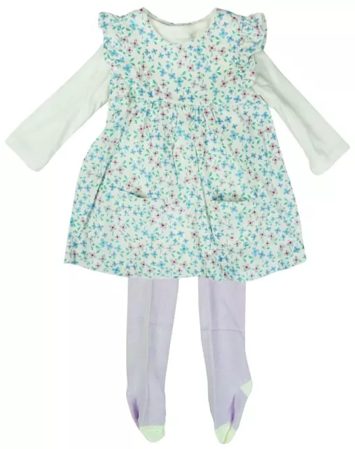 Girls Baby 3 Piece Floral Pinafore Dress Top & Tights Set Newborn to 12 Months