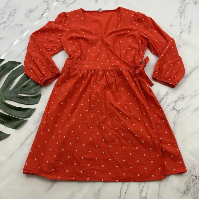 Old Navy Womens Wrap Dress Size L Red White Daisy Floral 3/4 Sleeve Short