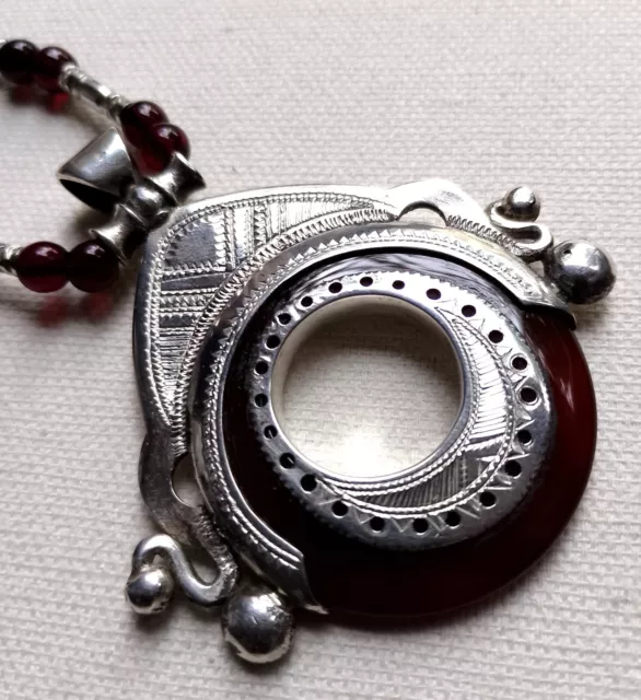 Beautiful Silver Red Agate & Red Glass Tuareg Turban Necklace -African Jewellery