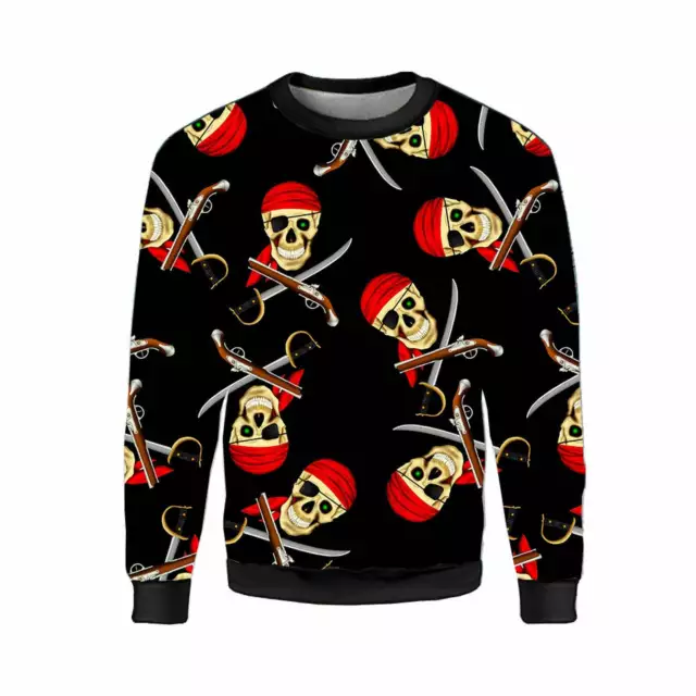 Gothic Unisex Pirate Skulls Guns Swords Skull Print Fleece Jumper Sweatshirt Top