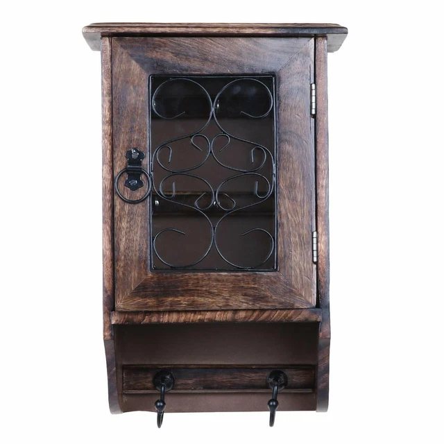 Wooden Handcrafted Wall Hanging Cabinet Stand Box, Hook Design Keychain Holder