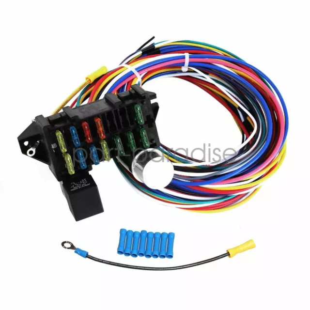 Universal 14 Fuse 12-14 Circuit Wiring Harness For StreetRod Race GXL Copper