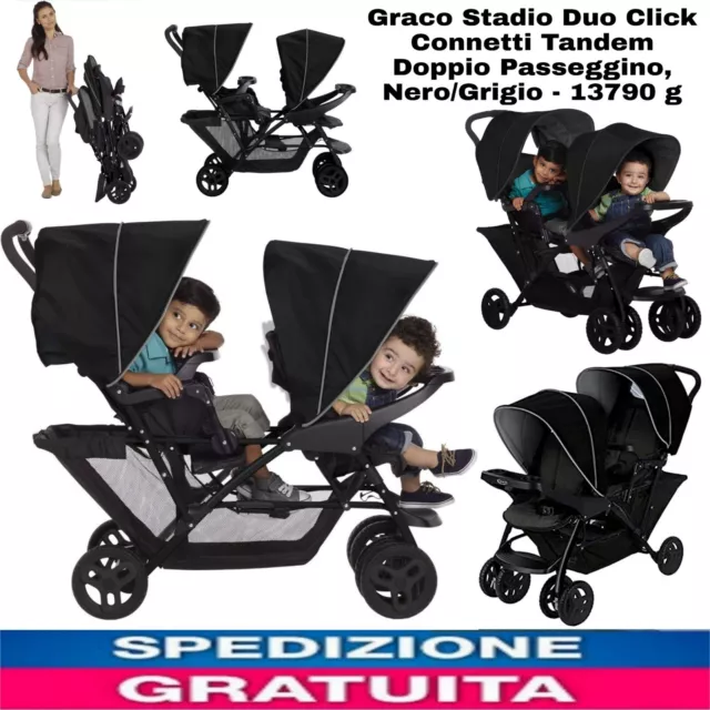 Passeggino fratellare gemellare lineare,Pieghevole Passeggino Tandem Nero Grigio