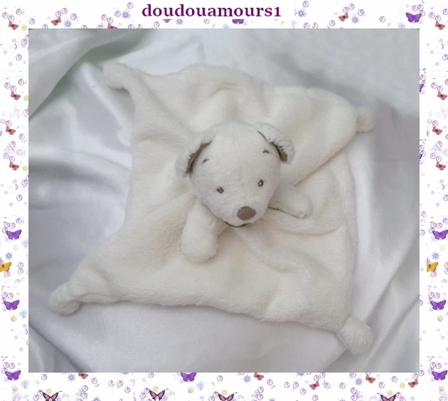 Doudou Nicotoy Ours Peluche Plat Carré Blanc Bandana Oreilles Taupe Simba Dickie