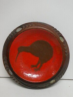 Vintage Carved Wooden Bowl Red Enamel Kiwi New Zealand Maori Paua Shell Rotorua