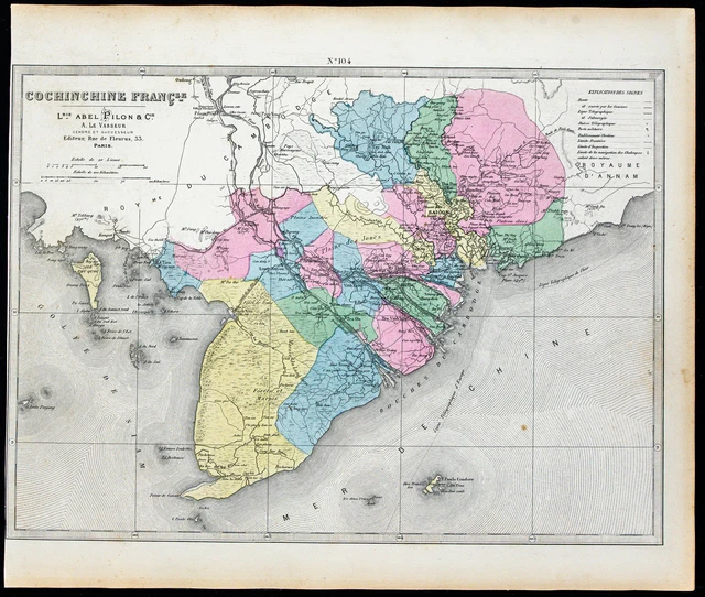 1877 - Carte géographique de la Cochinchine française - Gravure - Indochine