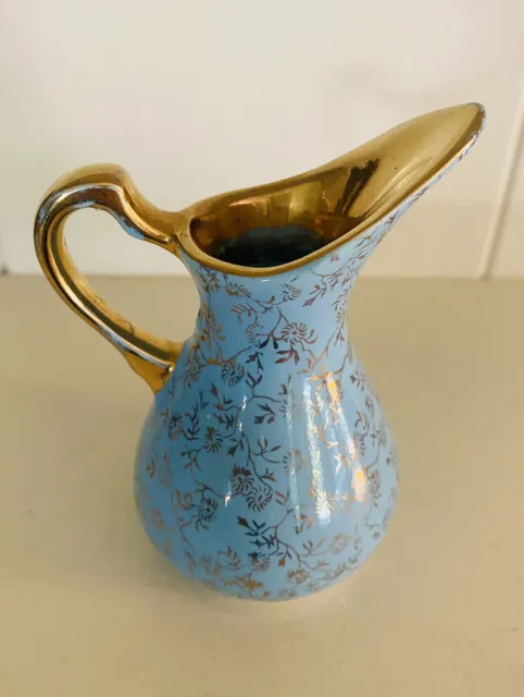 Vtg Blue 22KT Gold Pitcher Pearl China Co. Hand Decorated Flowers 4.5” Bud Vase