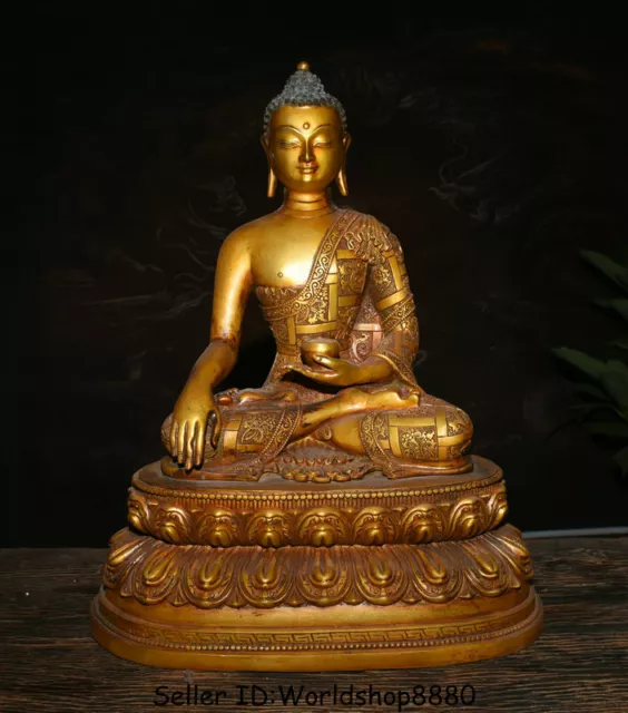 19.2" Old Tibet Buddhism Copper Gilt Seat Shakyamuni Amitabha Buddha Robe Statue