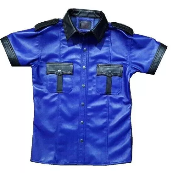 Camicia blu originale da uomo Police Military and Police Club in vera pelle