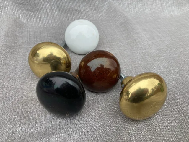 Antique lot of 5 assorted door knobs brass milk glass reclaimed farmhouse