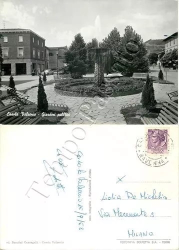 Cartolina di Casola Valsenio, fontana dei giardini pubblici - Ravenna, 1968