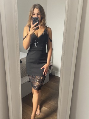 Bnwt Three Floor Black Beige Delicate Lace Frill Hem Dress Uk 6