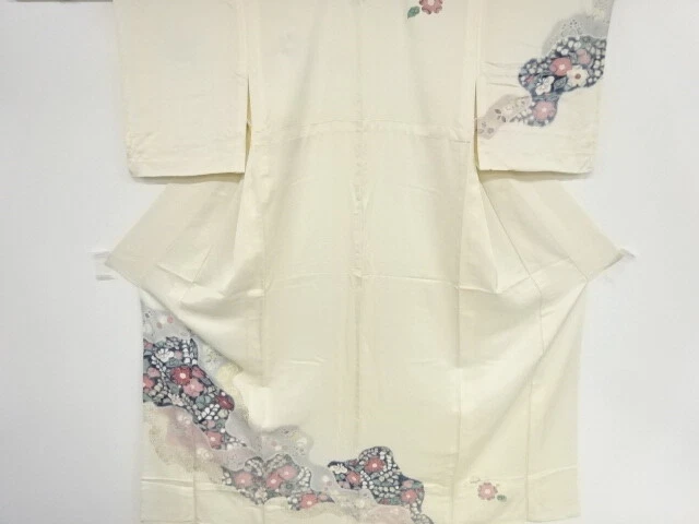 37865# Japanese Kimono / Antique Hitoe Kimono / Mist & Floral Plants