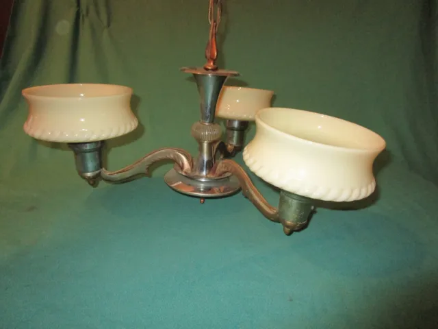 Vintage Chrome Art Deco Three Milk Glass Shade Hanging Ceiling Light Fixture