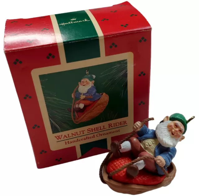 Hallmark Keepsake Walnut Shell Rider Elf Sleigh Christmas Ornament Vintage 1986