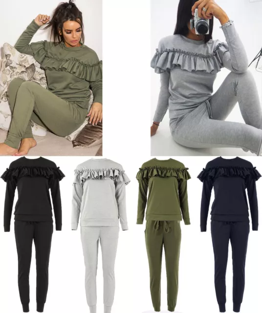 Girls Ladies Plus Size Lounge Wear 2 Piece Set Frill Ruffle Tracksuit Joggers