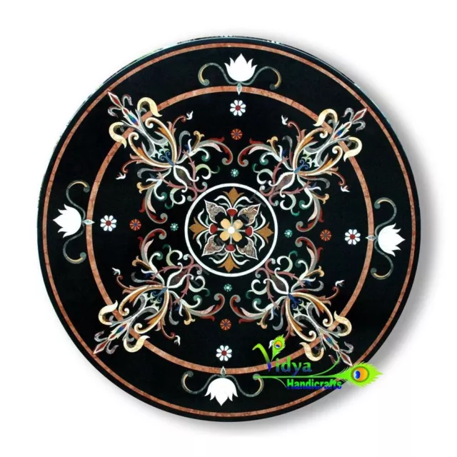 36" Black Marble Table Top Round Dining Table Multi Stone Inlay Marquetry Art