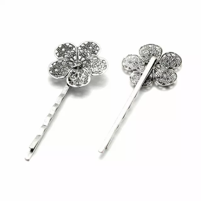 10x Hair Bobby Pin Finding Filigree Flower Cabochon Settings Antique Silver