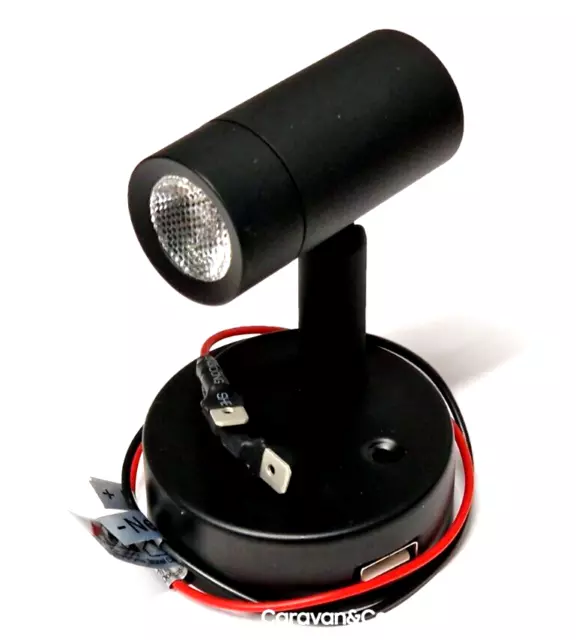 LED Reading Light 12V Spotlight with USB Socket BLACK  Caravan Boat Motorhome