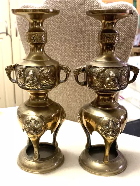 Estate Sale-Pair-Antique 19Th Century Brass Buddha Candlesticks Meiji Period-Exc