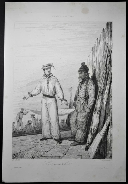 GRAVURE - ANTIQUE PRINT - MARINE - MATELOTS SUR LE PORT de DUNKERQUE 1837 Morel