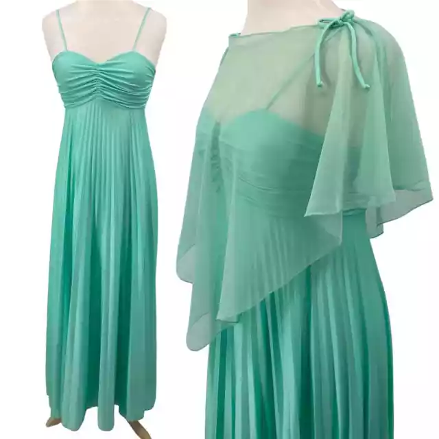 Vintage 70s Pleated Maxi Dress w Sheer Cape Mint Green Tie Spaghetti Strap Small