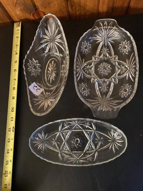 3 Vtg Anchor Hocking EAPC Star of David Oval Relish Dishes Clear Pressed Glass