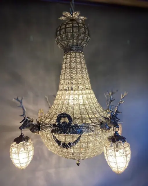 Enchanting Elegance: French Louis XVI Chandelier with Deer Charcoal Frame Size M