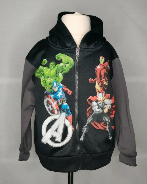 MARVEL Avengers Assemble Kids Size 5 Black Hooded Zip Up Jacket VGC