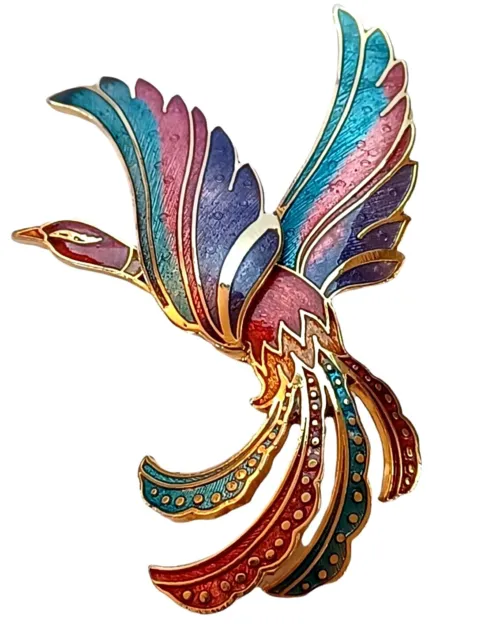 Vintage Gold Tone Red and Purple Enamel Peacock Brooch Pin