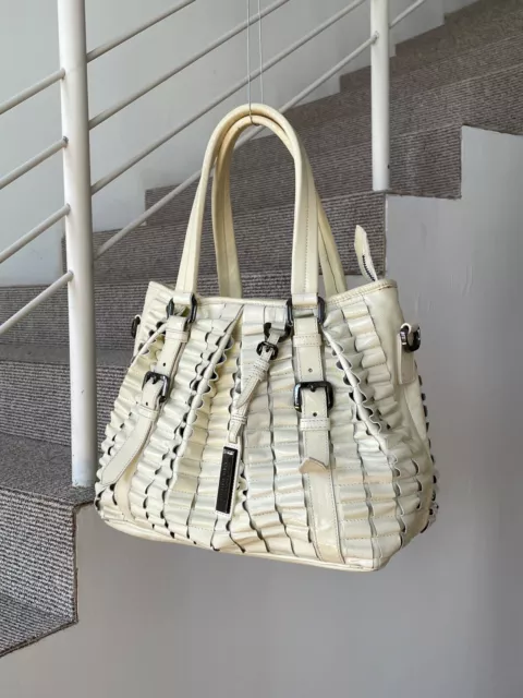 Women's BURBERRY Hand Shoulder Bag Patent Leather Pleated Woven Beige