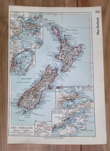 1936 Original Vintage Map New Zealand Auckland Wellington Christchurch Dunedin