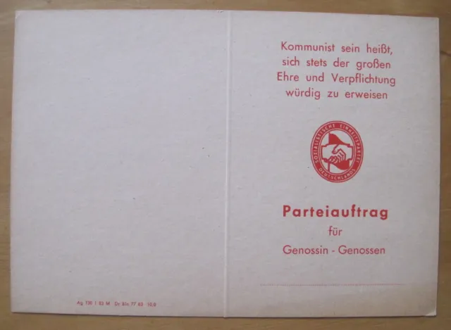 Vordruck SED Parteiauftrag blanko DDR 1988 DIN A 6 / 4 Seiten