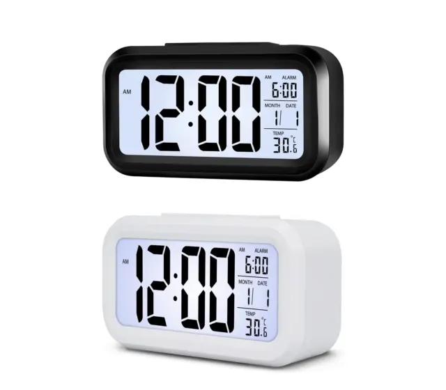 Sveglia digitale, orologio da comodino in legno con ampio display LCD  retroilluminato, temperatura, funzione snooze, sensore di luminosità, 3  batterie Aaa azionate [bat