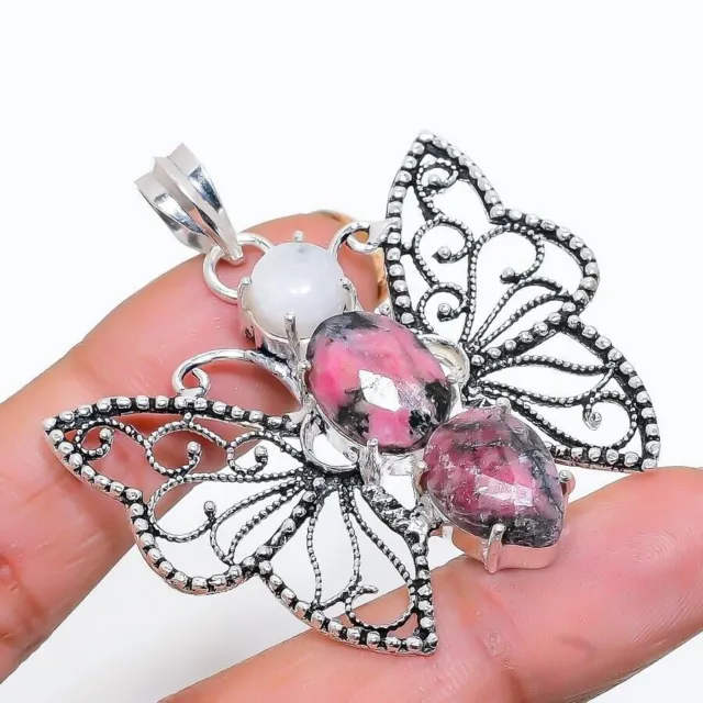 Pendentif en argent sterling 925 avec rhodonite et pierre de lune, taille 5,1 cm