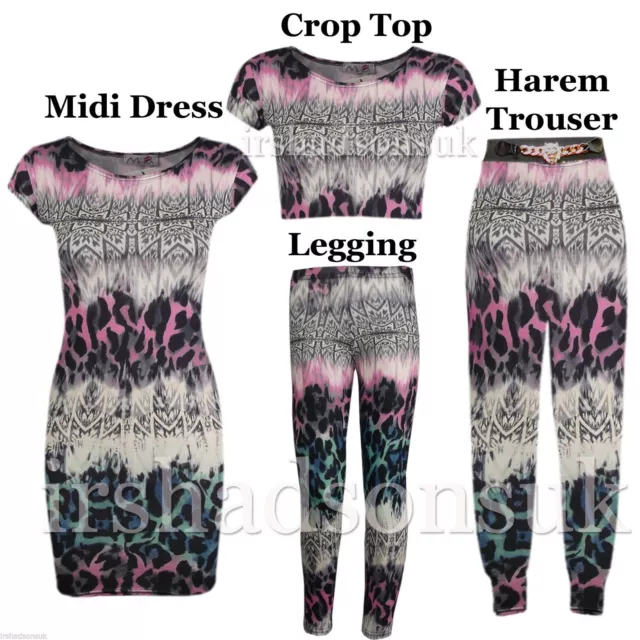 Bambine Leopardo Nero Rosa Pantaloni Legging Skater Midi Abito Top Corto T Shirt