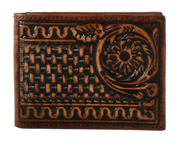 3D Western Mens Wallet Bifold Leather Weave Floral Brown D250004502