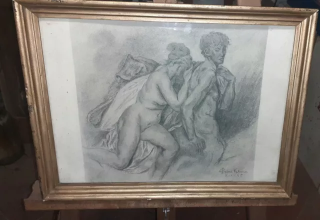 Disegno/studio carboncino-nudo uomo/donna 1945 -cornice dorata-37.5 × 50 totali