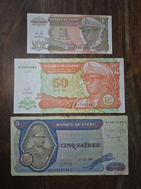 P8*Zaire 1,5,5 Zaires Banknotes2 Uncirculated Greek Letters On 5 Zaires 1980