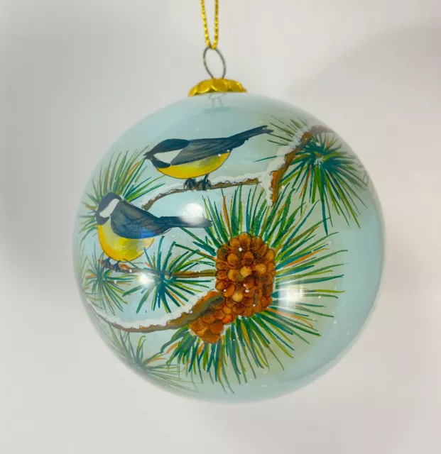 Chinese Reverse Painting Mouth Blown Glass Christmas Ball Ornament Bird Pine