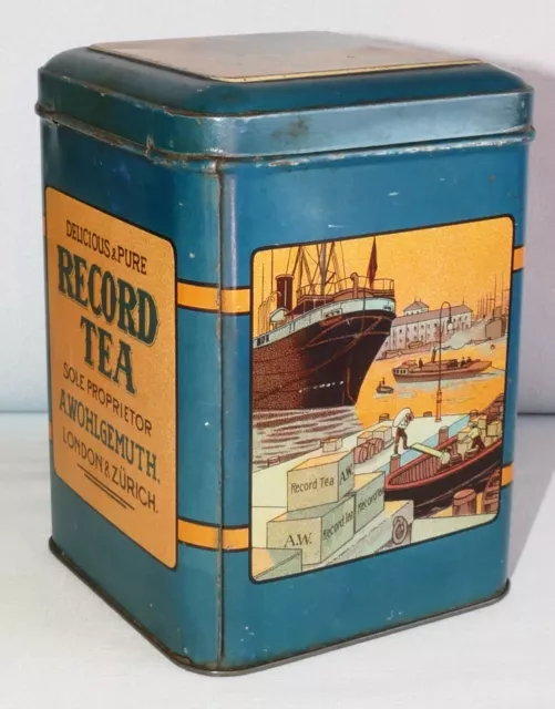 Alte Teedose Blechdose RECORD TEA Dampfschiff Motiv A. Wohlgemuth London Zürich