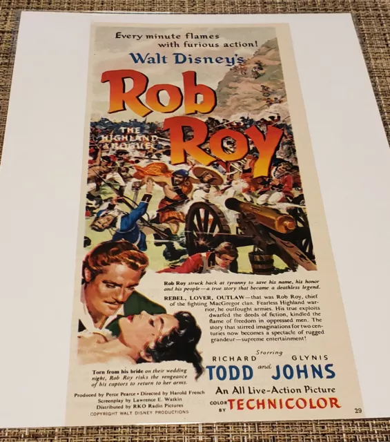 Vintage 1953 ROB ROY Walt Disney Movie AD 50's Action Adventure Romance