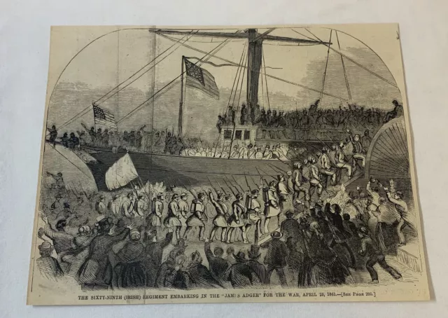 1861 magazine engraving~ SIXTY NINTH IRISH REGIMENT boarding the 'James Adger'